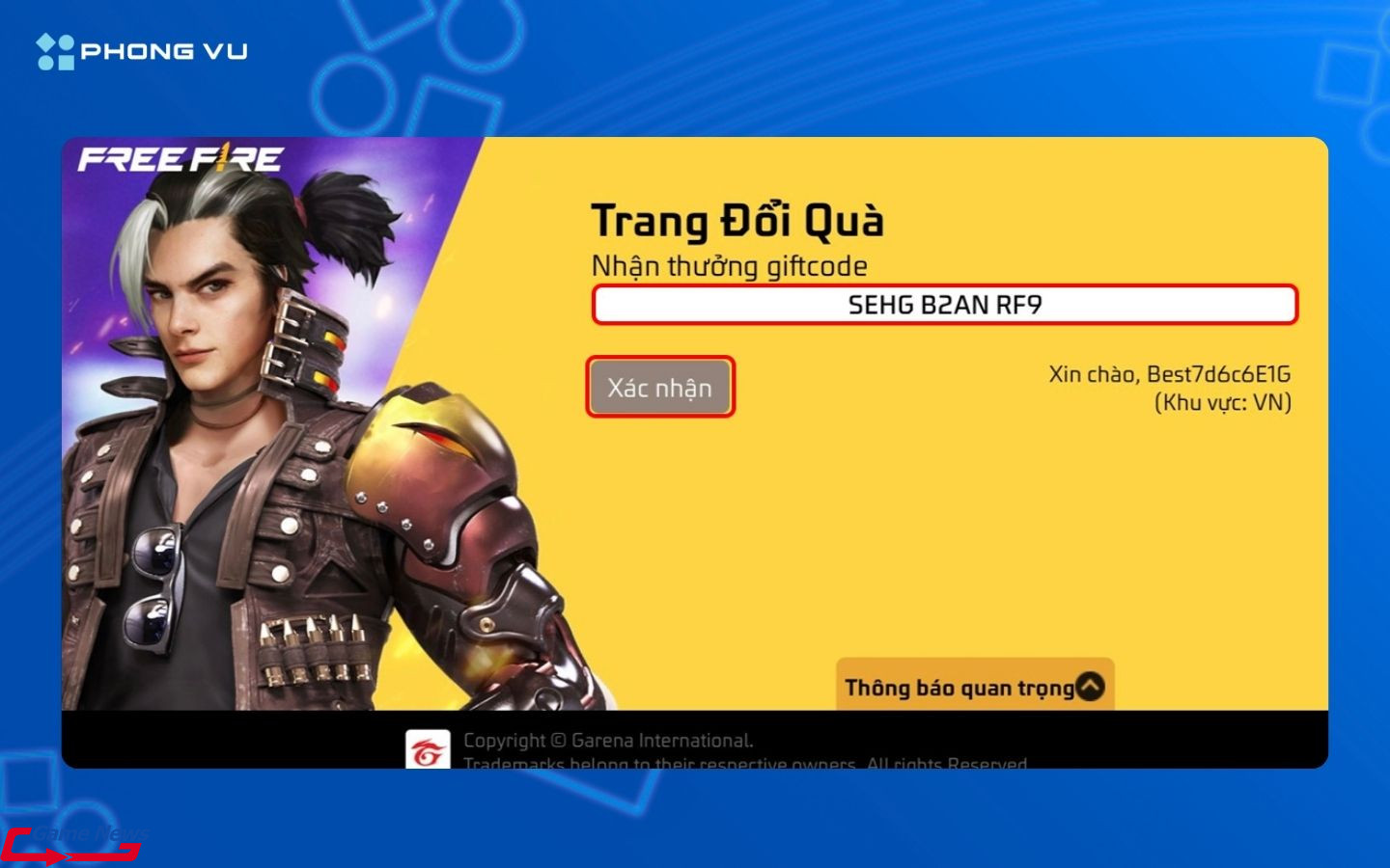 Nhập mã code Free Fire vào ô được cung cấp trên trang web