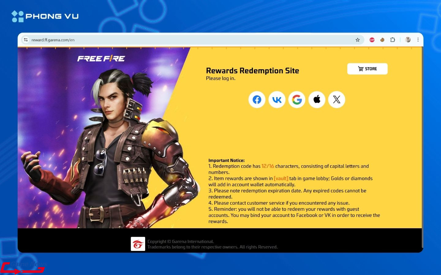 Truy cập trang nhập code chính thức của Garena Free Fire