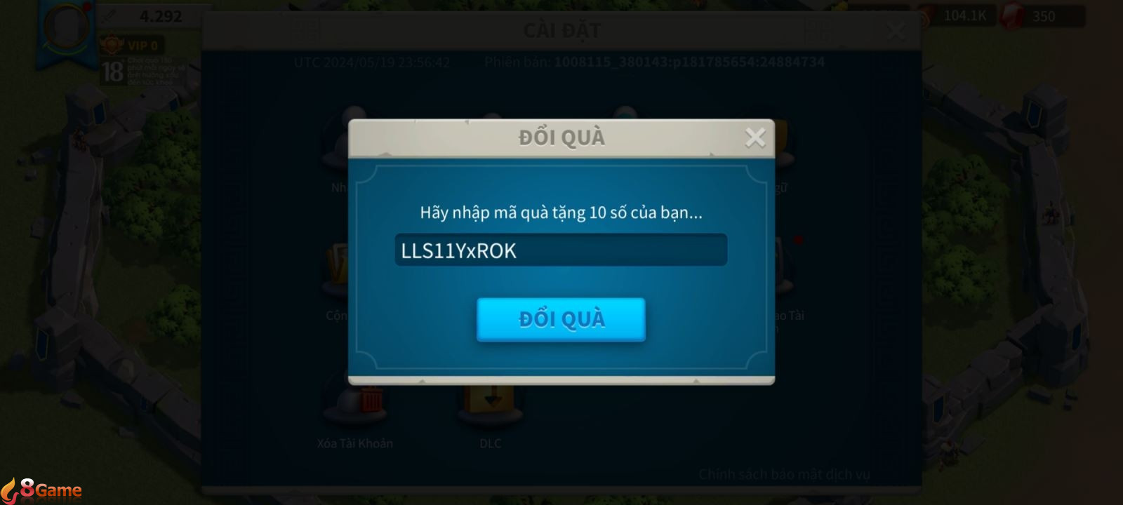 Nhập mã quà tặng 10 số vào và nhấn Đổi quà để nhận phần thưởng.