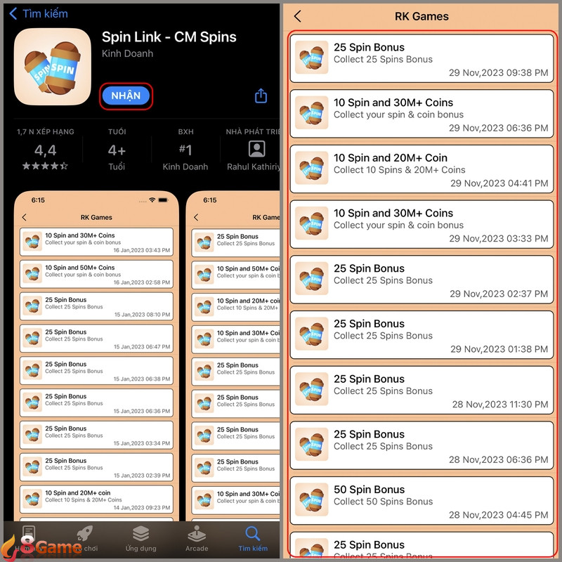 Nhận thông qua app nhận thưởng